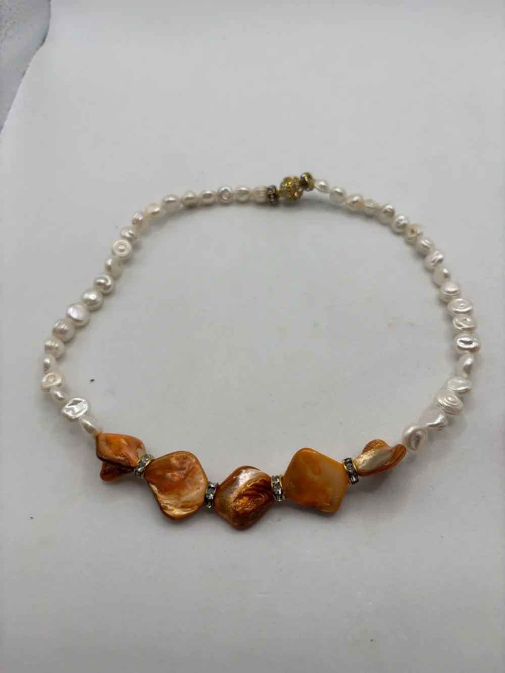 VTG Artisan necklace white freshwater baroque pearls w/orange mother of pearl - Picture 10 of 10